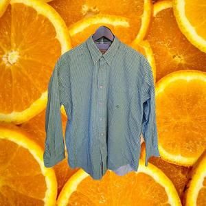 Vintage Roper Button Down Green and White Striped Shirt Size Large‎